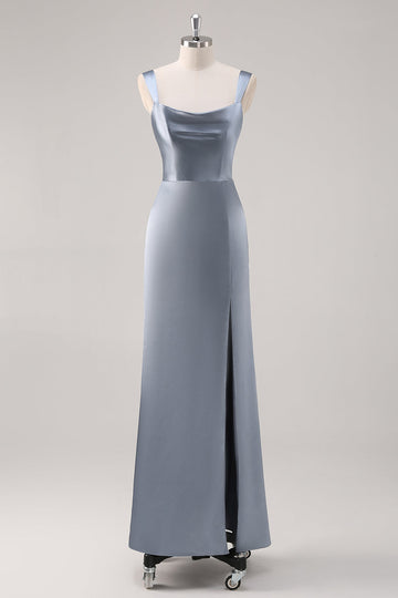 Robe de demoiselle d’honneur simple en satin gris bleu fourreau avec fente